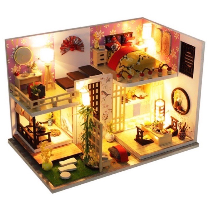 (Tặng mica,keo sữa,đèn)Mô hình đô chơi nhà búp bê bé tự lắp ráp bằng gỗ Diy doll house M027