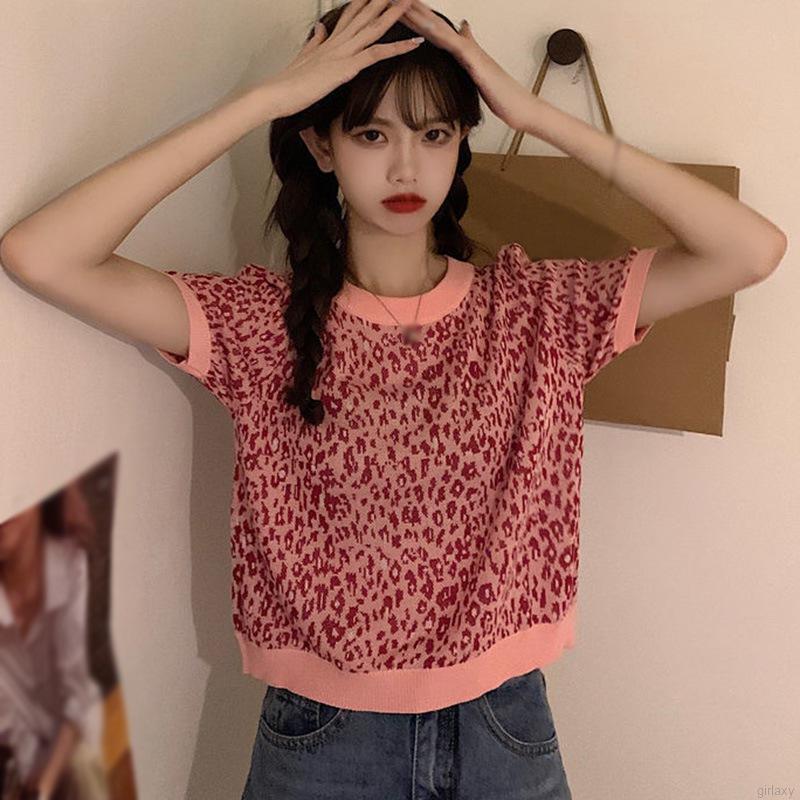 Áo Croptop Tay Ngắn Hoạ Tiết Da Báo Phong Cách Hàn Quốc