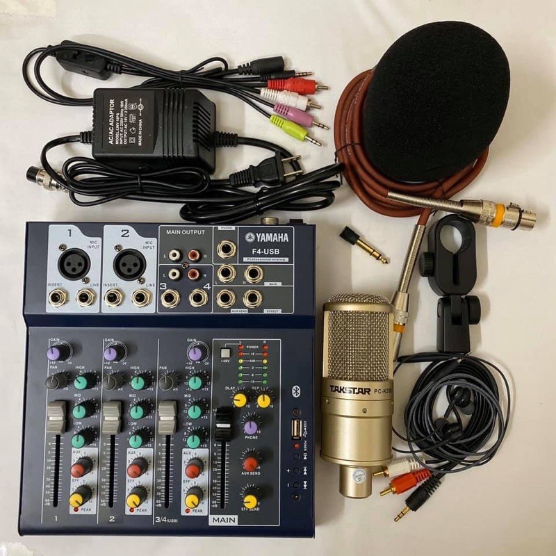 BỘ Combo Mic THU ÂM hát karaoke online micro TASTARK PC-K200 BÀN TRỘN ÂM THANH MIXER YAMAHA F4 USB