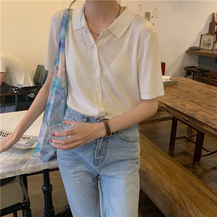 Áo thun POLO dệt kim tay ngắn dáng rộng màu sắc đơn giản dễ phối đồ | BigBuy360 - bigbuy360.vn