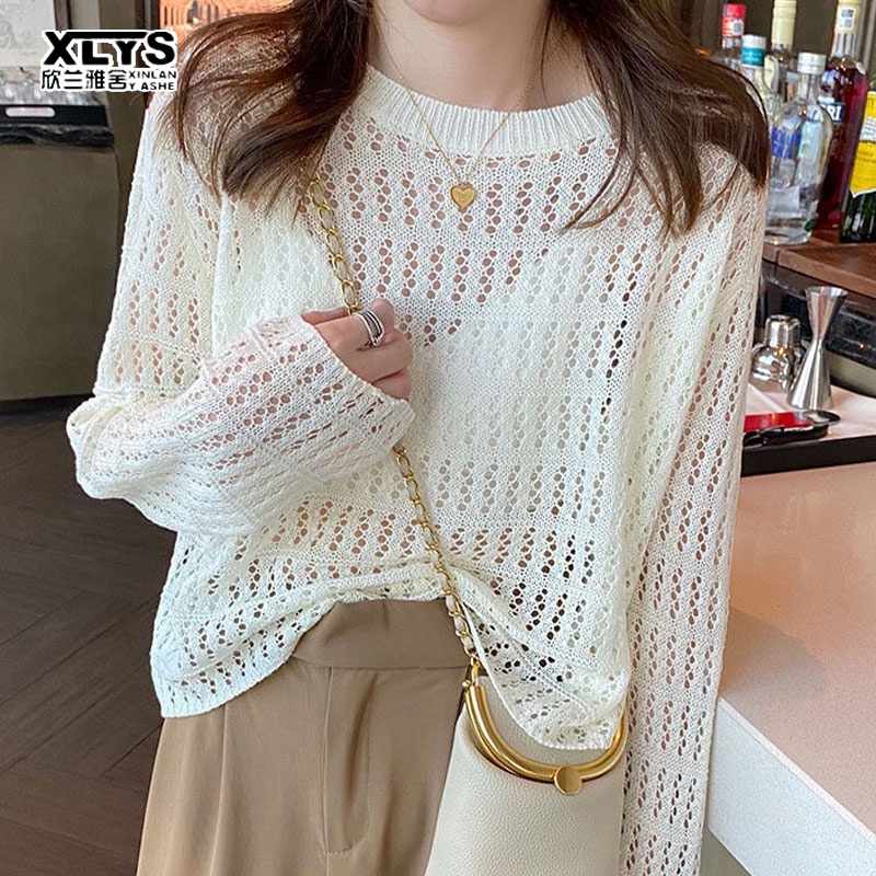 Áo kiểu XINLANYASHE dệt kim mỏng tay dài chống nắng dáng rộng khoét rỗng màu trơn cho nữ