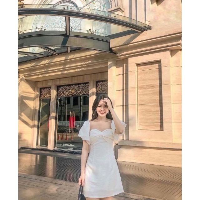 Đầm trắng cúp ngực hình nơ tay phồng - Miky Dress - dáng xòe tôn dáng - Pink moon store | BigBuy360 - bigbuy360.vn