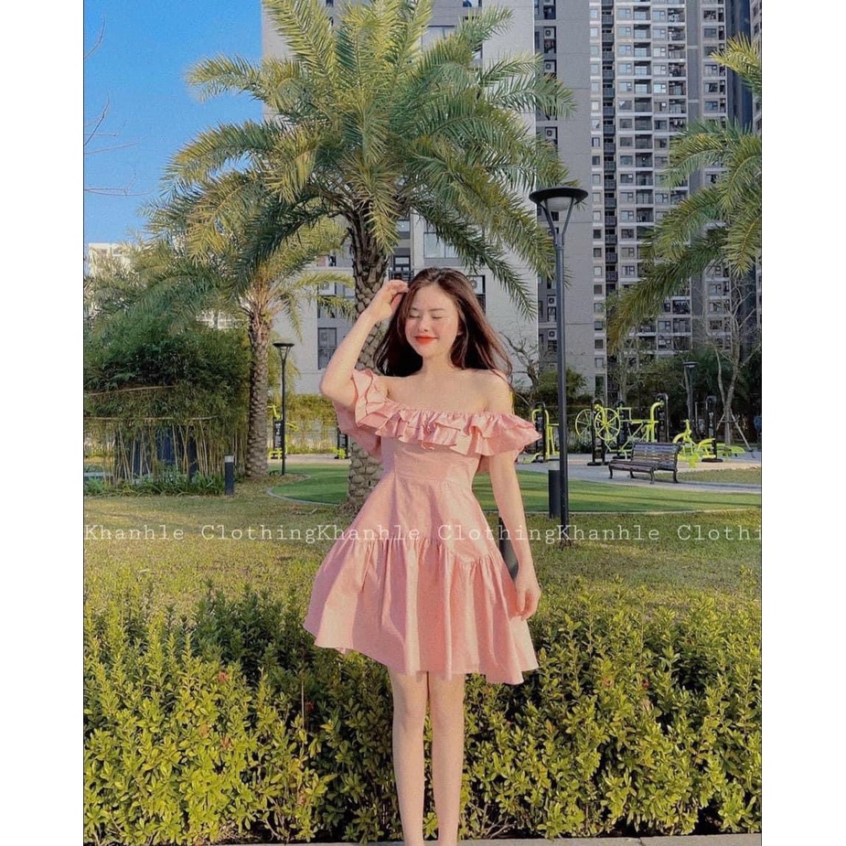 [Sẵn/ảnh thật] Váy trễ vai hồng phấn trắng chun sau tiểu thư siêu xinh đầm xinh đi chơi