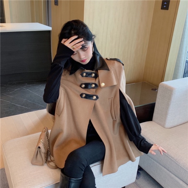 [Sẵn be] Áo khoác dạ cape choàng cổ đóng khuy phong cách sang trọng | BigBuy360 - bigbuy360.vn