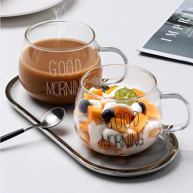 Ly Thủy Tinh Dễ Thương Good Morning 350ml, Cốc Thủy Tinh Chịu Nhiệt Có Quai Decor Oudecor