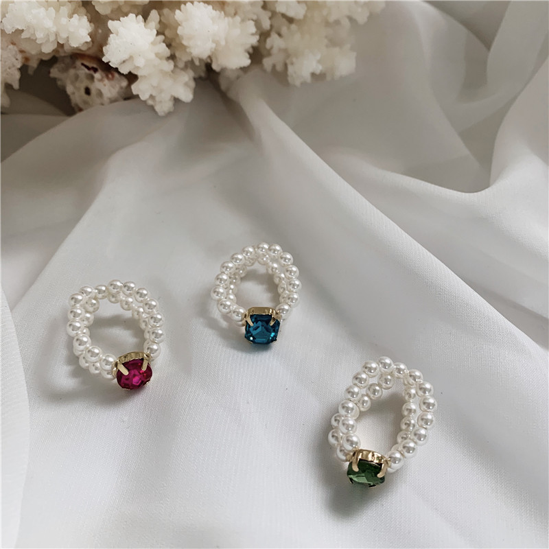 Nhẫn phối hạt ngọc trai đính đá rhinestone nhiều màu hai lớp cho nữ