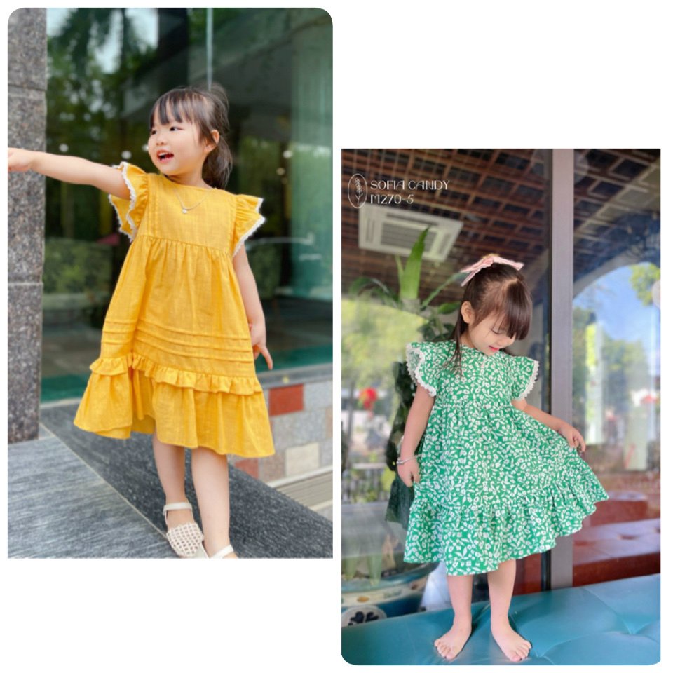 Váy thô Mia Kids gấu bèo nhún 2 màu tay cánh tiên phối ren trắng