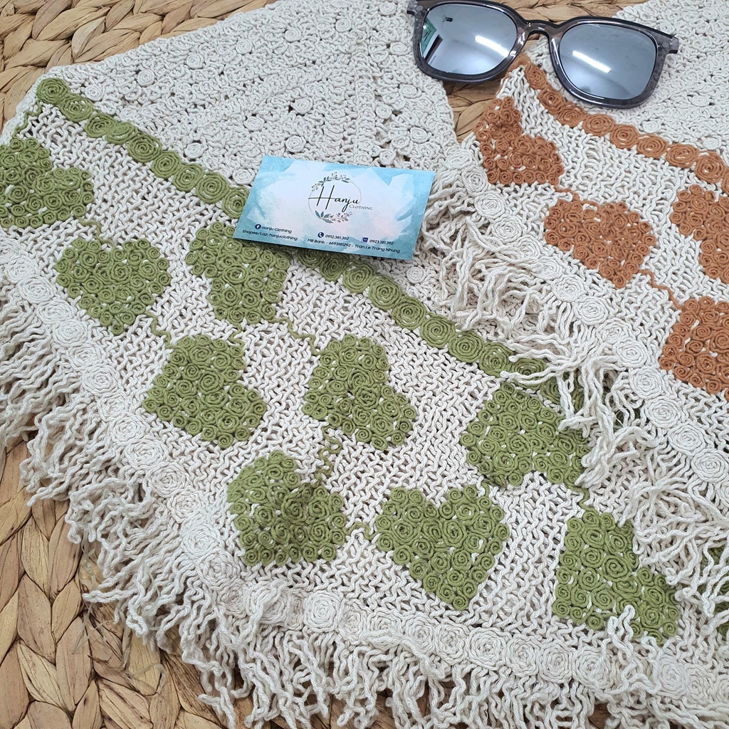 Áo 2 Dây Len Móc Cổ Tim Dáng Croptop Sợi Dệt Phối Tua Rua - Hanju