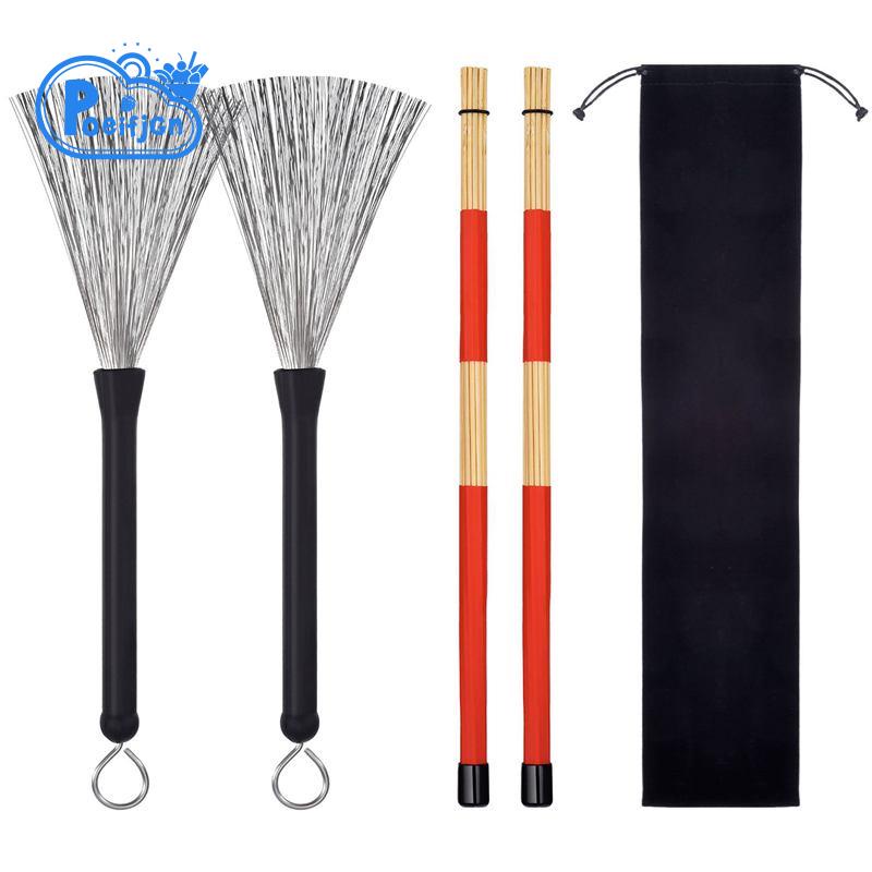 1 Pair Drum Brushes Retractable Wire Brushes Drums Drum Sticks Brush + 1 Pair Rods Drum Brushes Stic