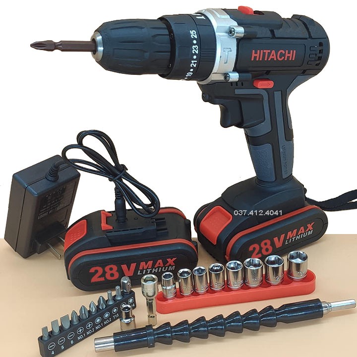 Máy Khoan Pin Hitachi 28V có búa - Máy Khoan Bắt Vít Cầm Tay - Tặng Bộ 24 Phụ Kiện