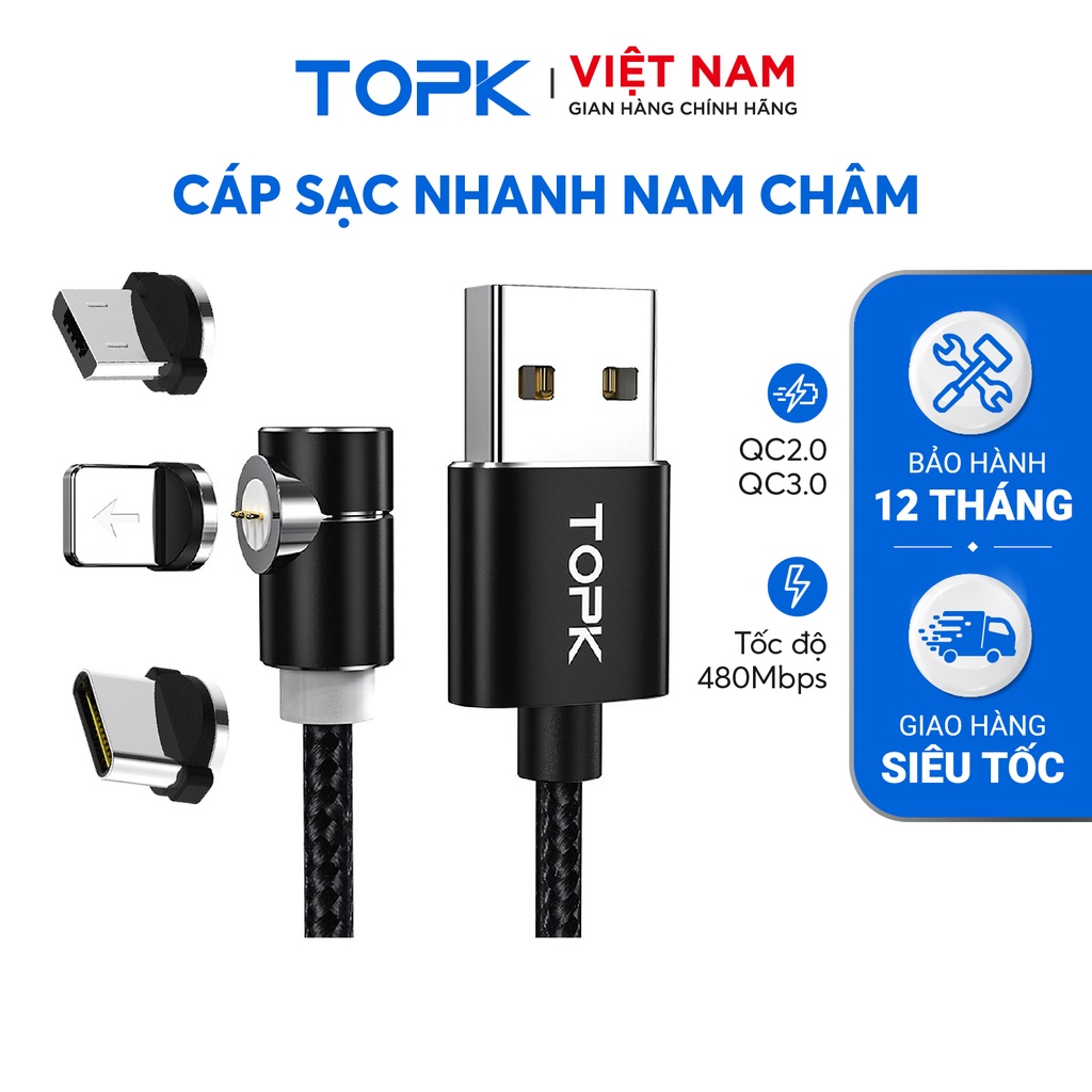 Dây sạc nam châm đầu nối vuông góc TOPK AM69 Sạc nhanh 3.0 dài 1m dùng cho điện thoại - Hàng chính hãng