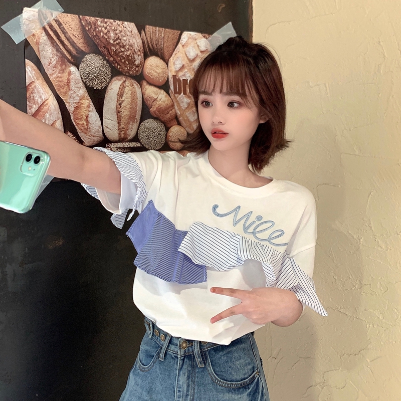 SUXI Áo Thun Tay Ngắn Cổ Tròn Phối Bèo Phong Cách Hàn Quốc Cho Nữ