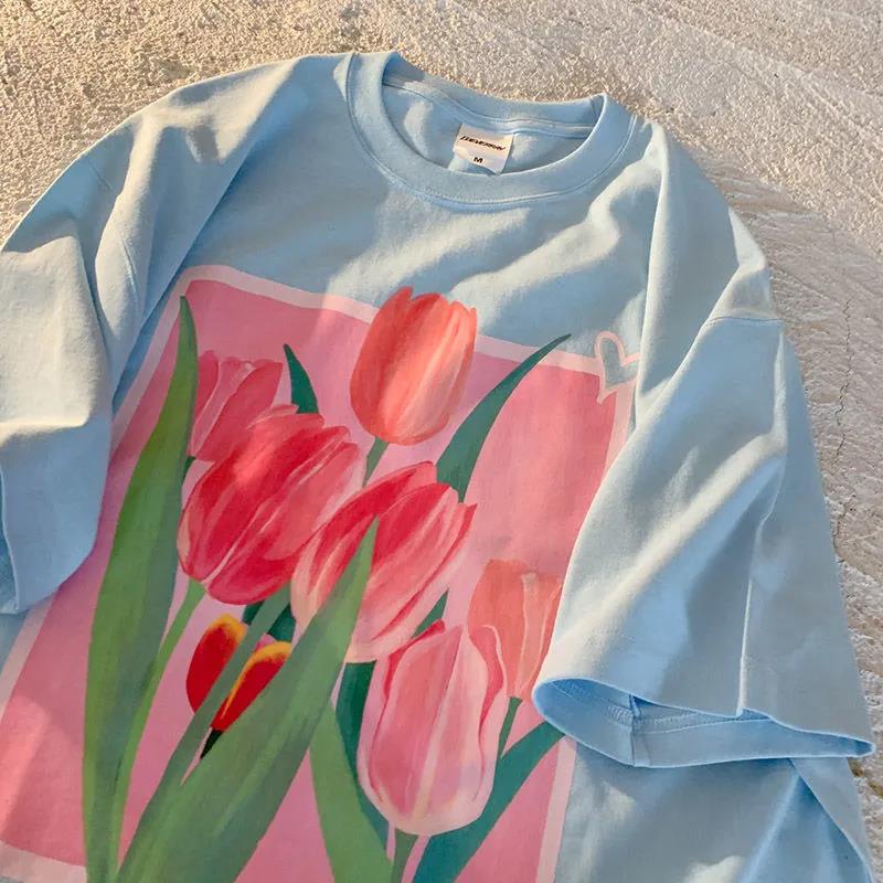 Plus Áo Thun Tay Ngắn Hoạ Tiết Hoa tulip Phong Cách retro