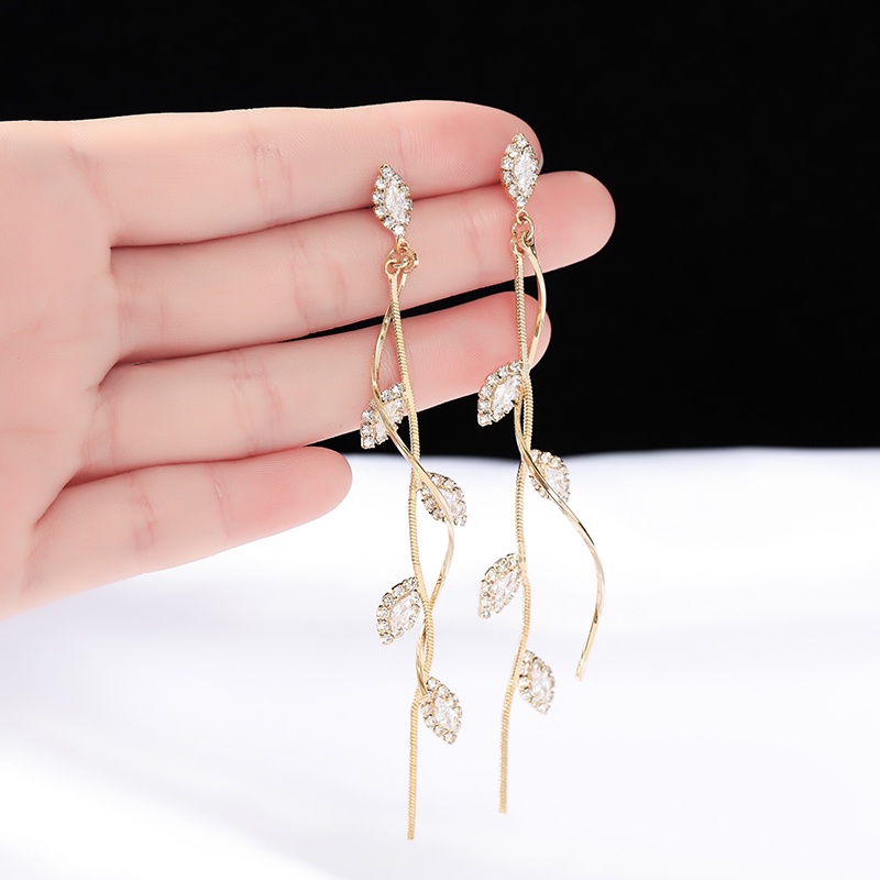 [Jiudolan] Bông Tai Dáng Dài Tua Rua Lá Vàng / Bạc Đính Đá Zircon Tinh Tế Thời Trang Cho Nữ