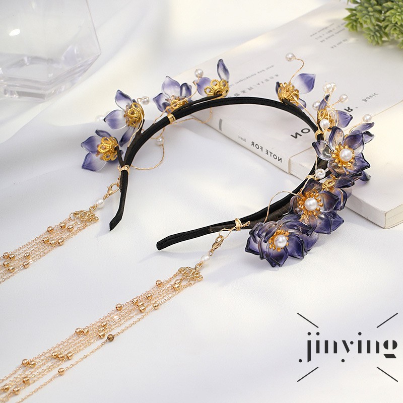 GETNOIVAS Cài tóc phối tua rua xỏ ngọc trai và hoa xanh dương phong cách Trung Hoa handmade