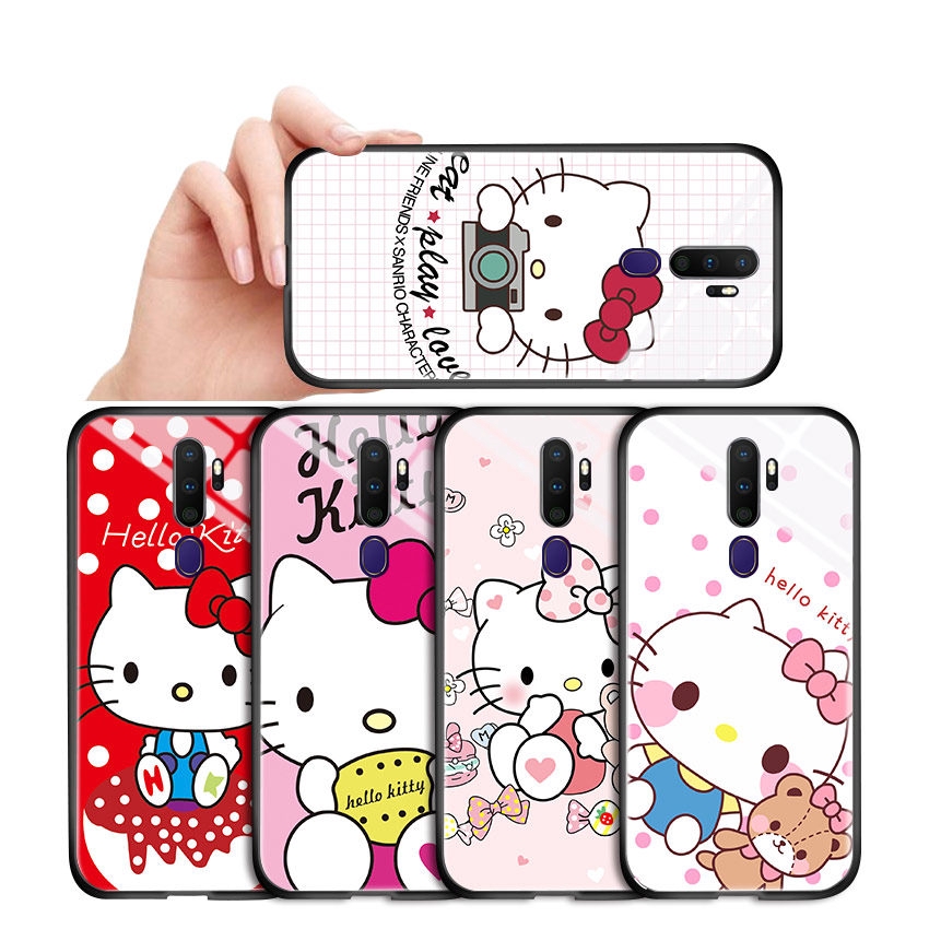 OPPO A9 2020 A5 2020 A92 A52 A92 A52S A71 A71K A31 A73 A75 A75s A83 A91 Phone Case Cartoon Hello Kitty Cute Kitty Cat Casing for Glossy Tempered Glass Back Hard Cover Shockproof Cases Ốp điện thoại kính cường lực In Hình cứng Ốp lưng cho