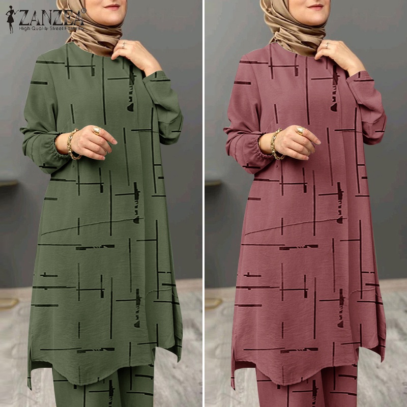 ZANZEA Set Áo Tay Phồng + Quần Dài Ống Rộng Lưng Thun Thời Trang Cho Phụ Nữ Hồi Giáo