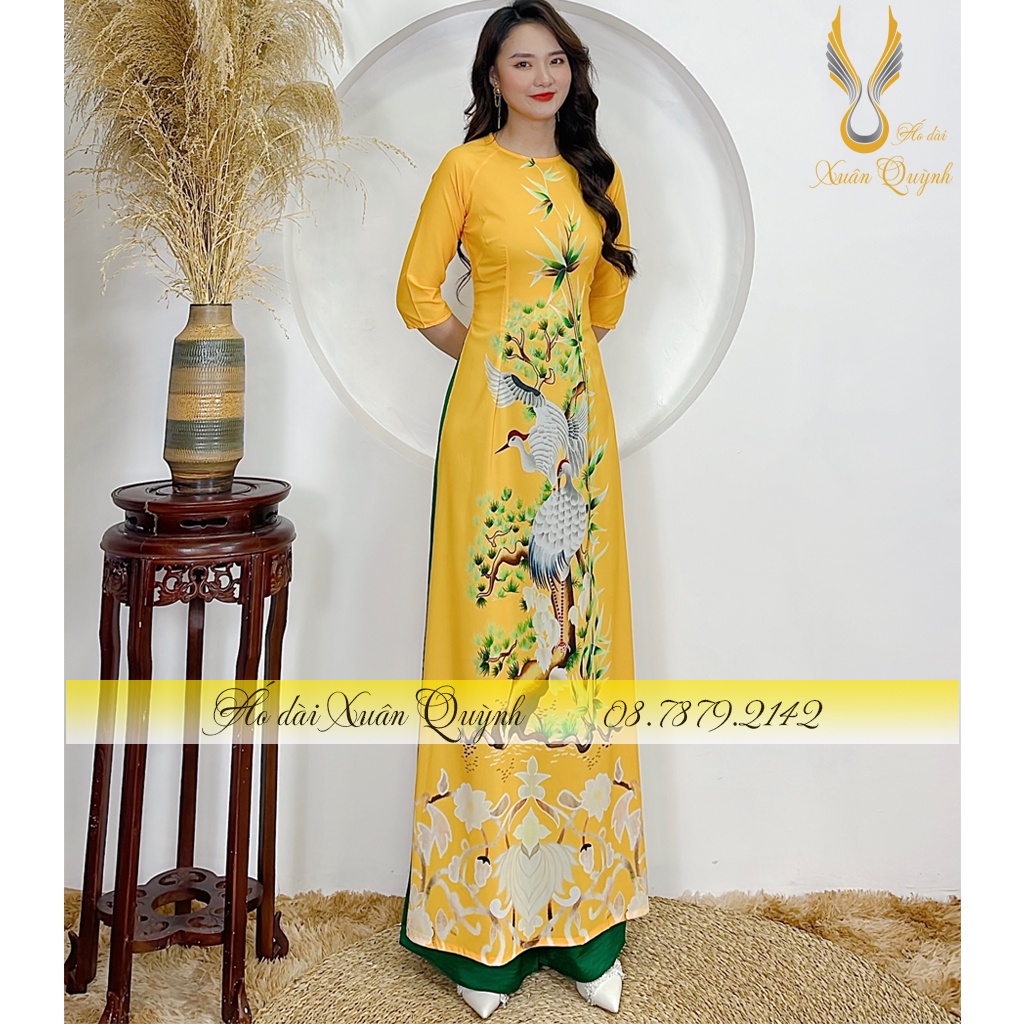 Áo Dài Hồng Hạc Vàng Sang Trọng Lụa Habutai K03 Vàng - Áo dài Xuân Quỳnh