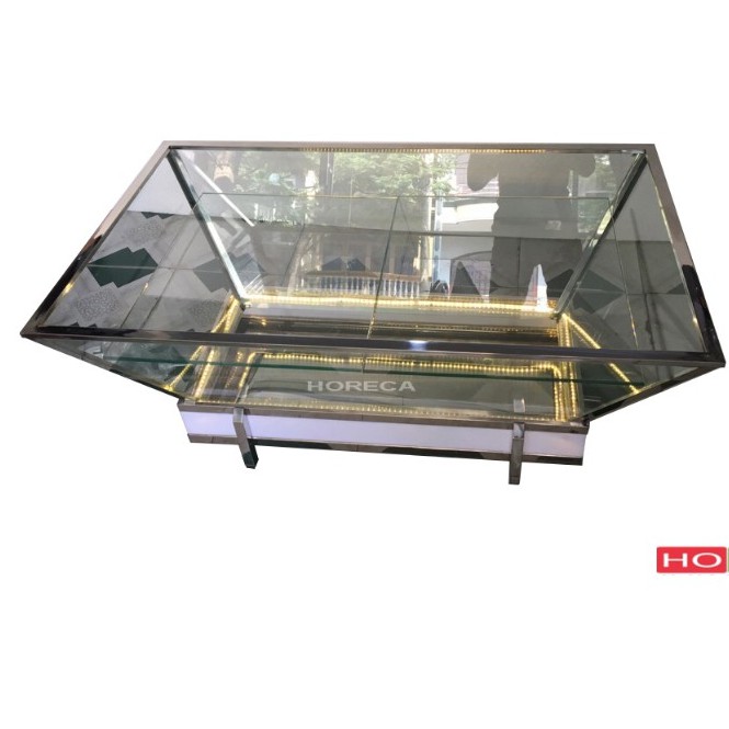 KỆ KÍNH INOX TRƯNG BÀY BUFFET ĐÈN LED,KHAY DÙNG ĐỂ ƯỚP TRƯNG BÀY ĐỒ HẢI SẢN, CÓ NGĂN ĐÁ