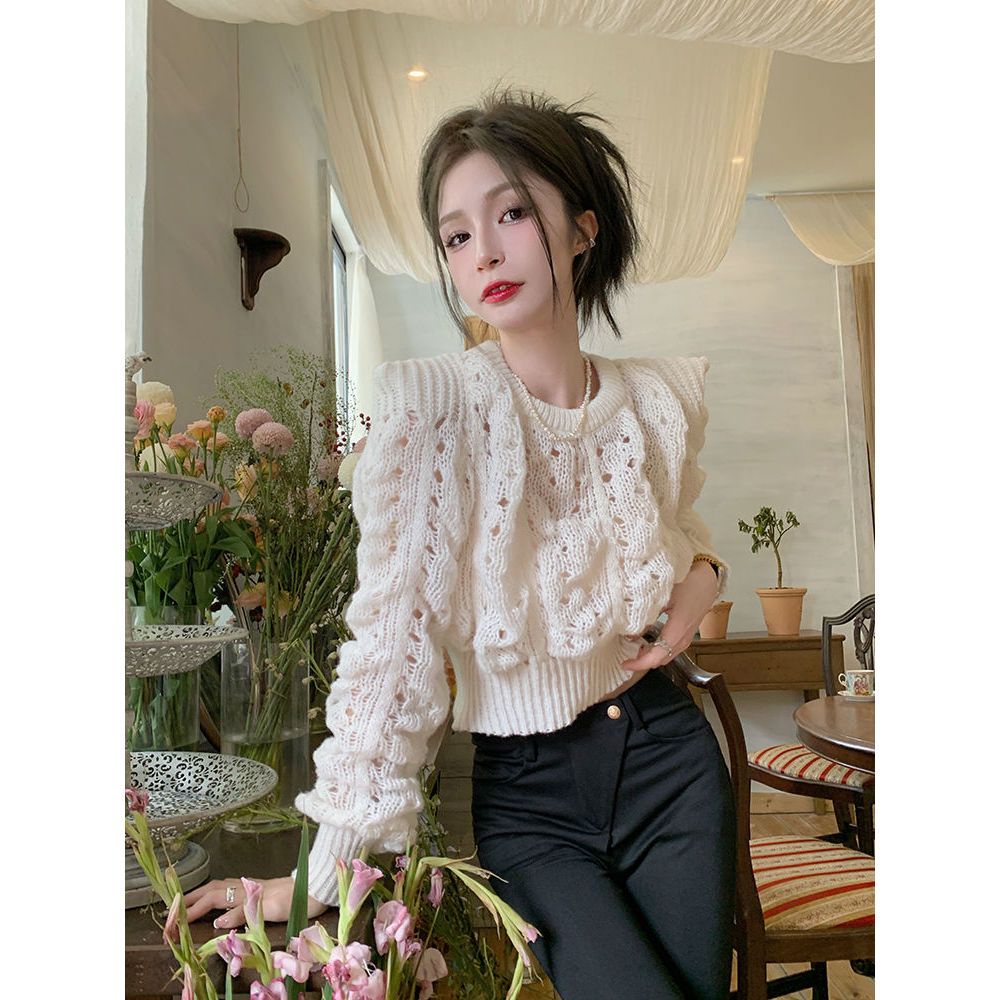 Jiashucheng Áo Sweater Tay Phồng Mỏng Dáng Ngắn Thiết Kế Xoắn Eo Dài Tay Phong Cách Cho Nữ