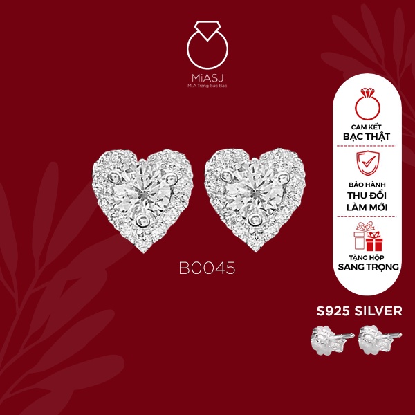 Bông tai nữ bạc Ý S925 MiASJ B0045 chốt vặn trái tim kết đá CZ cao cấp