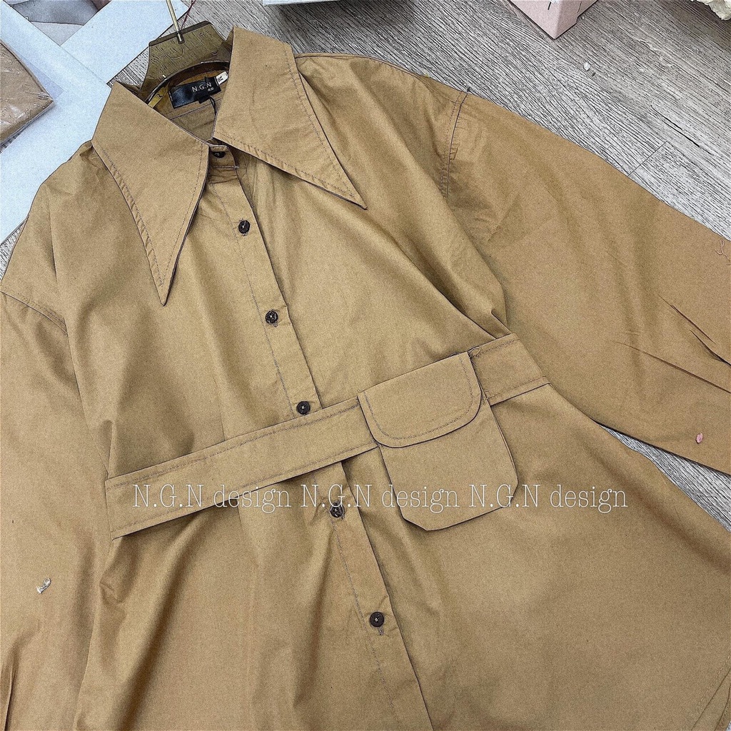 ÁO SƠ MI DÀI TAY ĐAI TÚI MÀU NÂU TÂY SIÊU XINH