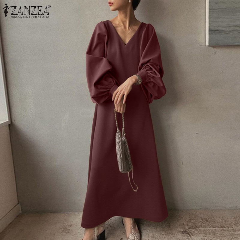 ZANZEA Đầm Maxi ZANZEA Cổ Chữ V Tay Phồng Màu Trơn Nữ Tính DỄ Thương | BigBuy360 - bigbuy360.vn