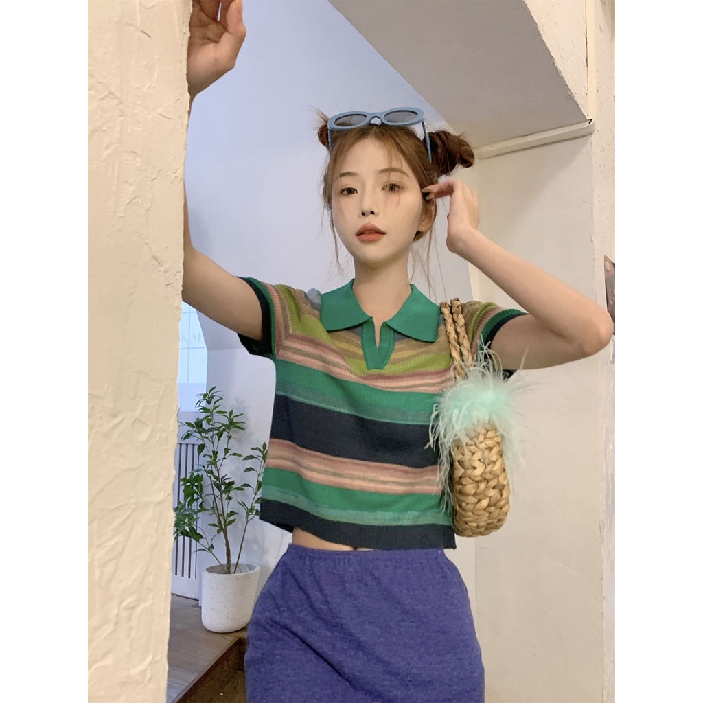Xiaozhainv Áo dệt kim Xiaozhainv cổ polo ngắn tay họa tiết kẻ sọc thời trang hè cho nữ