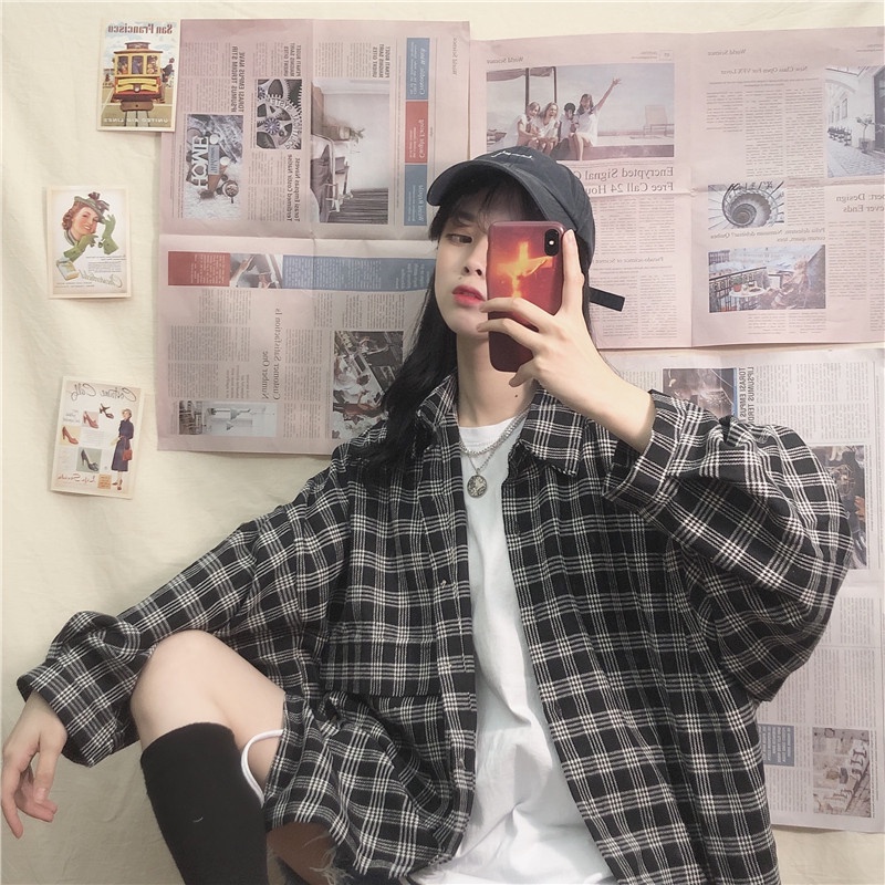A011 Áo sơ mi kẻ caro oversize nam nữ vintage dài tay ulzzang, áo khoác chống nắng cỡ rộng tay phồng phong cách Hàn Quốc | BigBuy360 - bigbuy360.vn