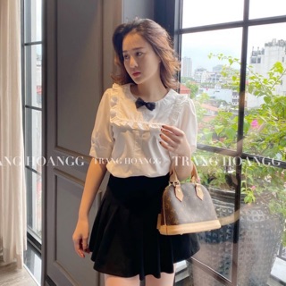 ÁO SƠ MI NỮ TRẮNG TAY LỠ ĐÍNH NƠ ĐEN VIỀN BÈO MỀM MẠI