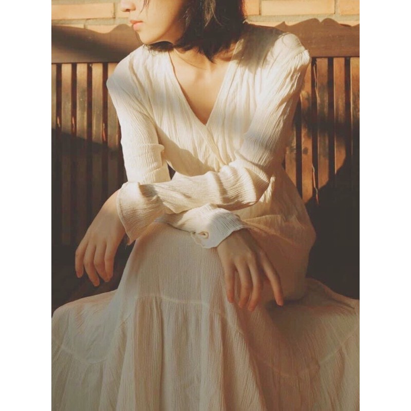 Đầm trắng be vải nhun Korean