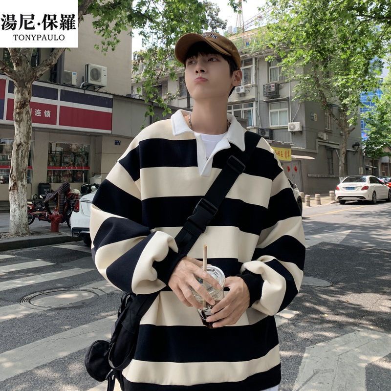 Áo Thun polo Dài Tay Form Rộng Họa Tiết Kẻ Sọc Trắng Đen Phong Cách Preppy Retro