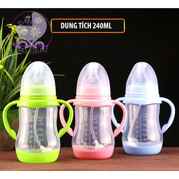Bình sữa cổ rộng cảm ứng nhiệt báo nóng Yanling 240ml có tay cầm và ống hút chống sặc, nhựa PP
