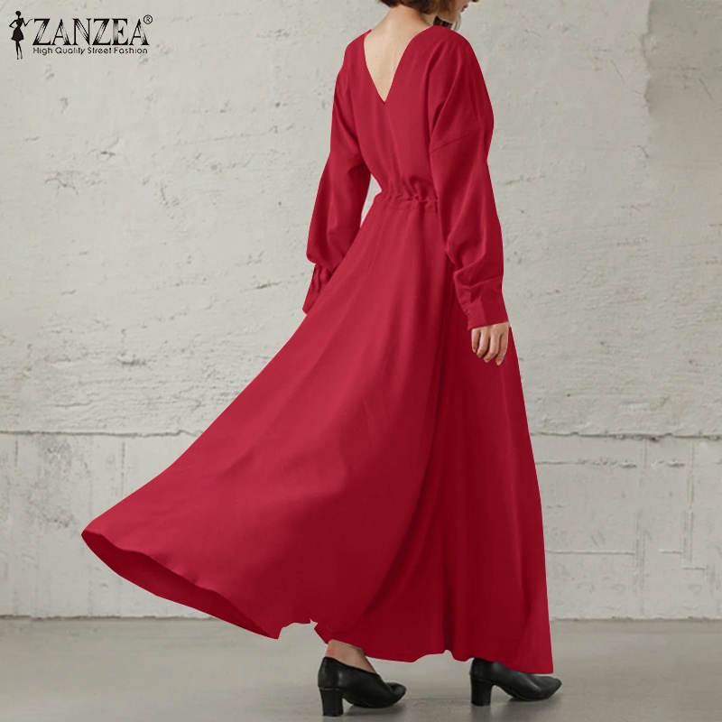 Đầm maxi ZANZEA cổ chữ v tay dài eo cao rút dây thời trang thường ngày cho phụ nữ