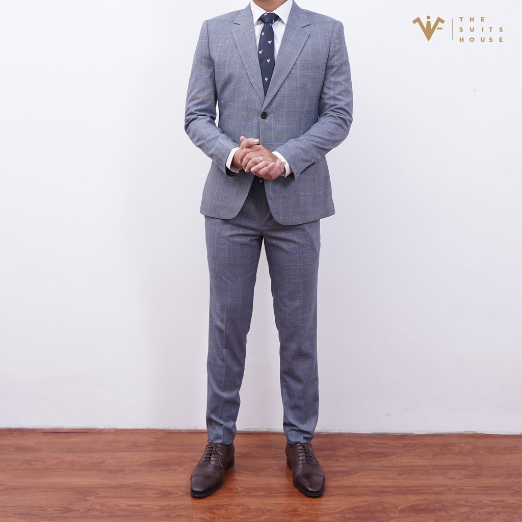 Bộ vest nam áo suits blazer quần tây xám kẻ ô, form ôm, sartorial, vải WOOL - The Suits House