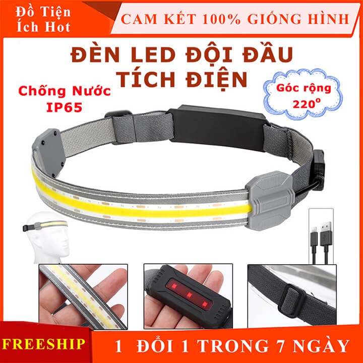 Đèn pin Led đội đầu siêu sáng sạc tích điện USB, đèn pin đeo trán pin trâu chống thấm nước, đèn pin đeo đầu 3 chế độ