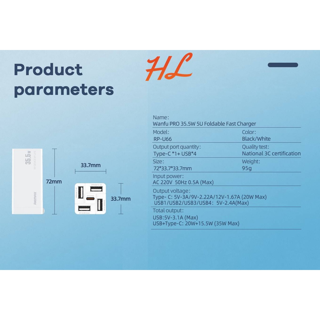 Cốc Sạc 5 in 1 Remax RP-U66 4 Cổng USB 1 Cổng Type C 20W  - Total 35.5W  - Hunglongpc