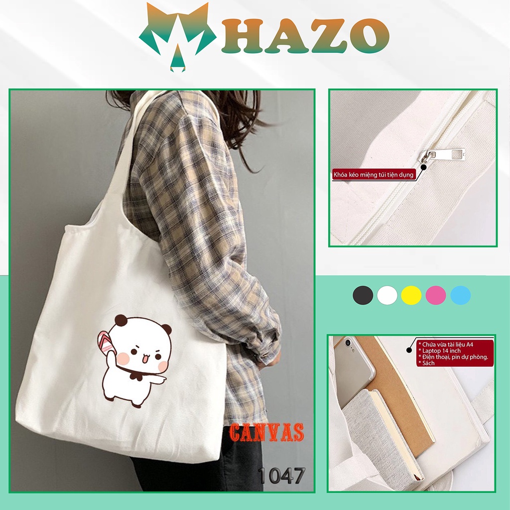 TÚI TOTE TRẮNG CHẤT VẢI CANVAS 1047 GẤU COI CHỪNG TUI DỄ THƯƠNG HÀNG CHUẨN ĐẸP