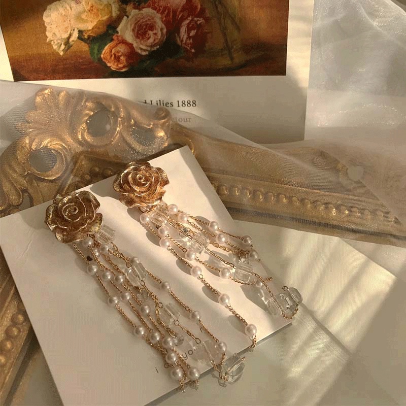 Bông Tai Mạ Bạc 925 Dáng Dài Phối Tua Rua Hình Hoa Đính Ngọc Trai Phong Cách Retro