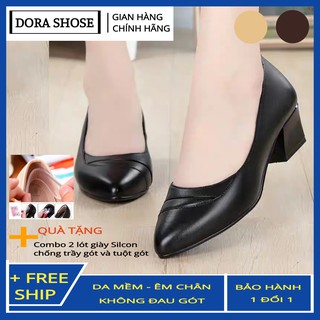 [ẢNH THẬT-TẶNG KÈM LÓT CHÂN] giày cao gót nữ da lỳ cao cấp DORACG07 - Đế vuông cao 3cm - Hàng VNXK da mềm cực kì êm chân