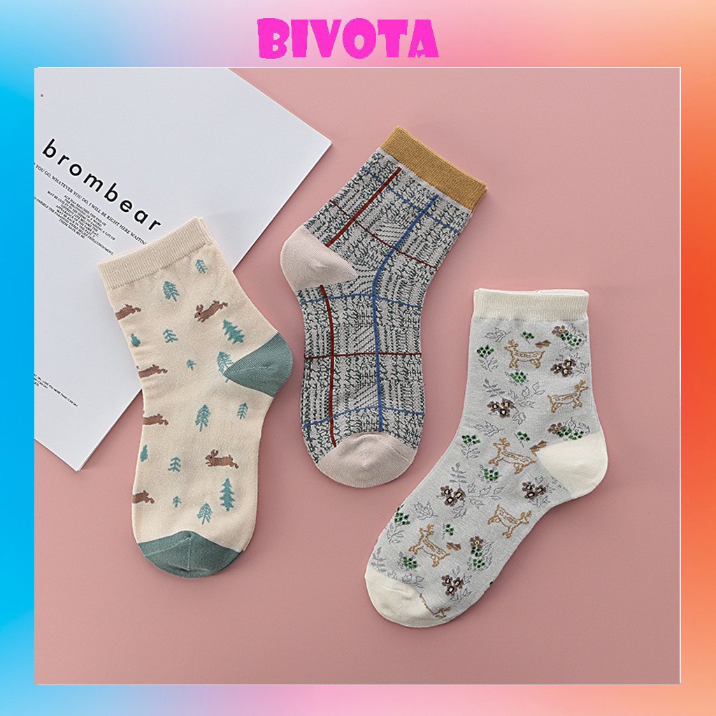 Set 3 đôi tất cổ cao Bivota vớ nữ cotton thu đông họa tiết siêu xinh T103