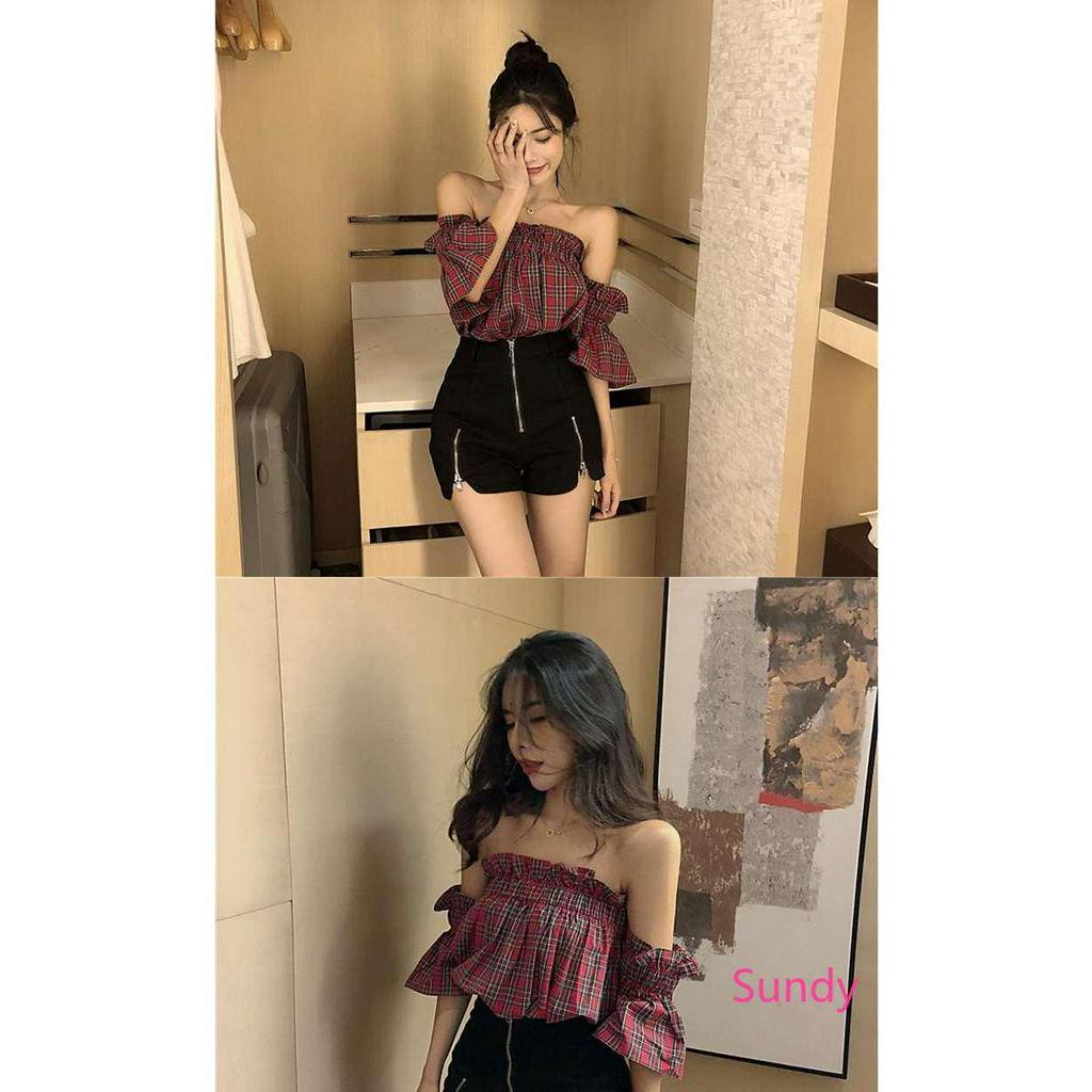 Áo kiểu trễ vai họa tiết sọc ca rô phong cách retro thời trang mùa hè cho nữ