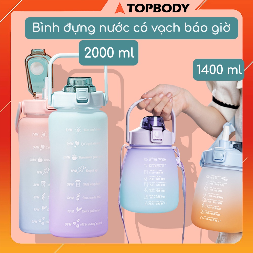 Bình Nước 2 Lít Chất Liệu An Toàn - Có Vạch Báo Giờ Tiện Lợi - Topbody - T6 - BNGYM04