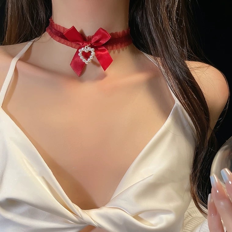 Vòng Cổ choker Đính Nơ Trái Tim Phong Cách Lolita