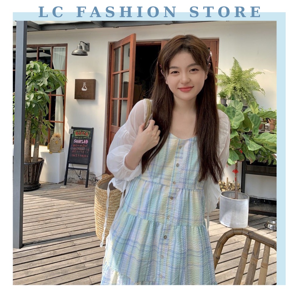 CÓ SẴN Váy hai dây kẻ sọc màu xanh tươi mát những nàng thơ LC Fashion Store