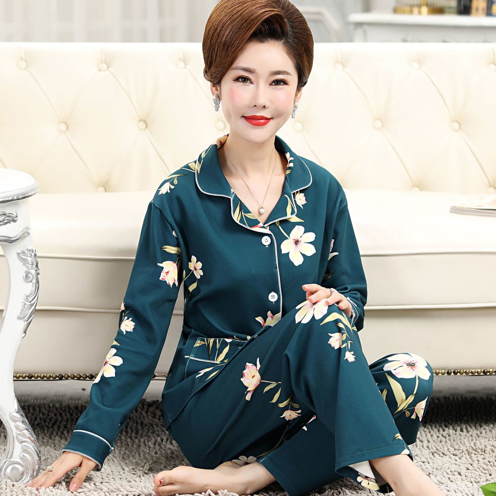 Đồ lót✜Bộ đồ ngủ của bà mẹ trung niên áo len nữ dài tay cotton mùa xuân và thu cộng với size phù hợp người già