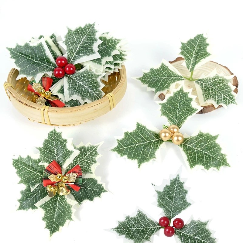 Vòng hoa lá xanh lá/ vàng/ đỏ Holly Berry nhân tạo độc đáo trang trí nhà cửa DIY