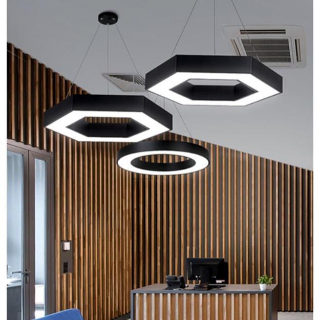 Đèn LED thả trần hình tròn, lục giác màu đen cho văn phòng, quán cafe