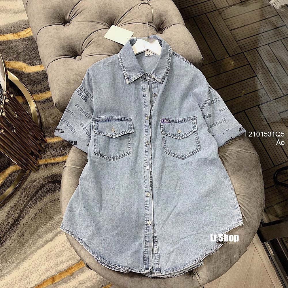 Áo sơ mi jean có túi tay ngắn in chữ!