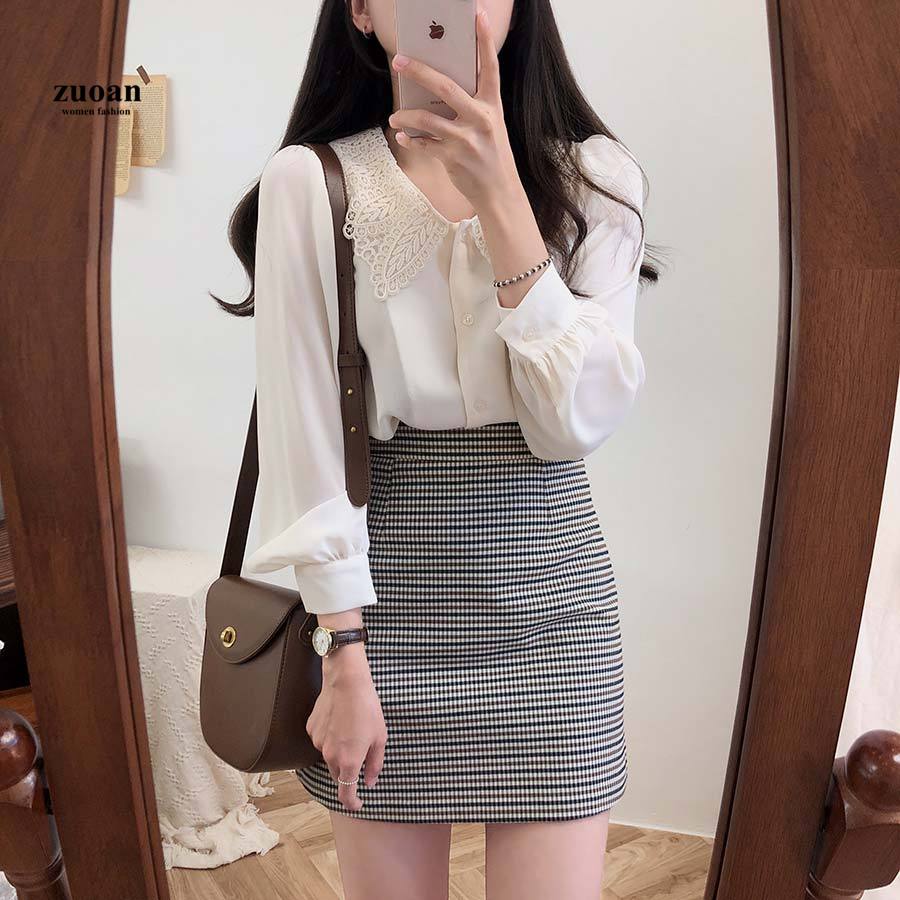 SUXI Áo Nữ Tay Dài Phối Ren Phong Cách Hàn Quốc